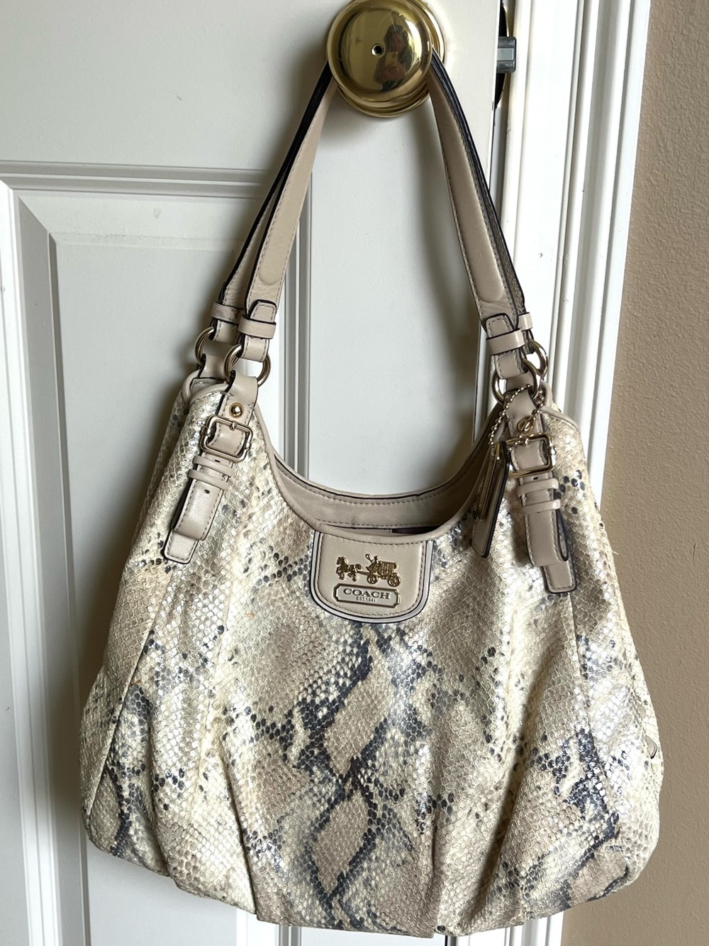 Coach Madison Cream and Gray Maggie Snakeskin/Python Print Shoulder Bag